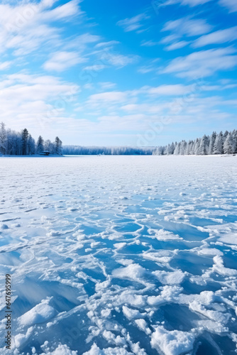 Frozen lake surface in the countryside background with empty space for text 