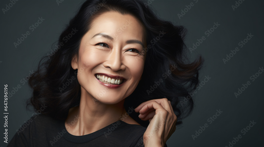 Captured in a studio, a mature Asian woman showcases a radiant, wide smile..