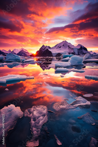 Majestic icebergs and frosty terrains under the ethereal Arctic sunset 