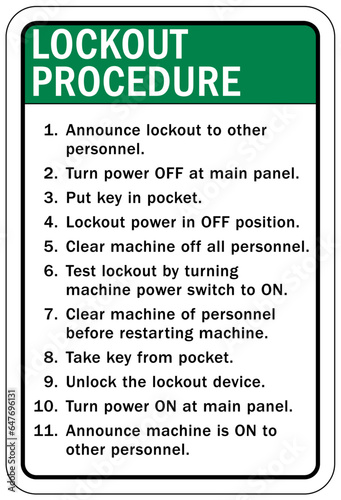 Lock out sign and labels lockout procedure