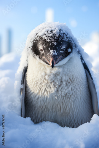 Penguin huddled against harsh Antarctic blizzard isolated on a white gradient background 