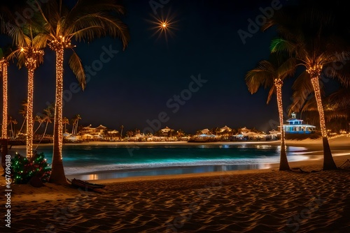 a coastal Christmas scene with palm trees wrapped in lights  a sandy beach  and Santa arriving by boat. 