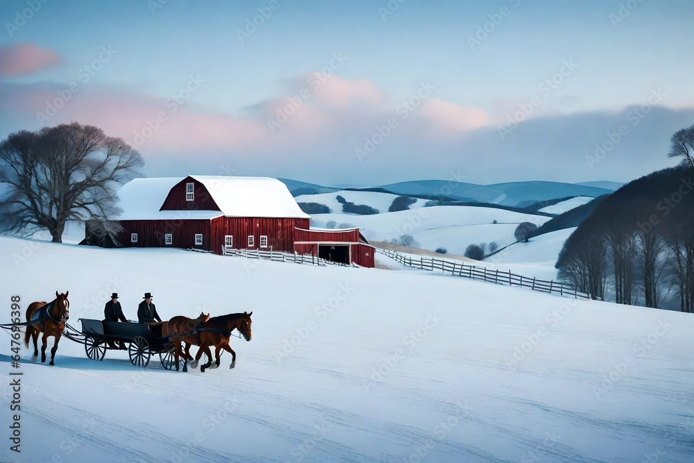 a scenic countryside landscape with a horse-drawn sleigh ride, rolling hills, and a rustic barn lit up for a holiday celebration.  - obrazy, fototapety, plakaty 