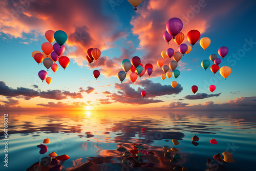 Colorful Celebration in the Blue Sky: Large Group of Helium Balloons in Mid-Air