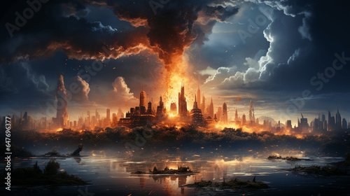 Stadt  Panorama  Globale Erderw  rmung  Feuer  Apokalypse  Untergang  Wasser  Geb  ude  Bauwerk