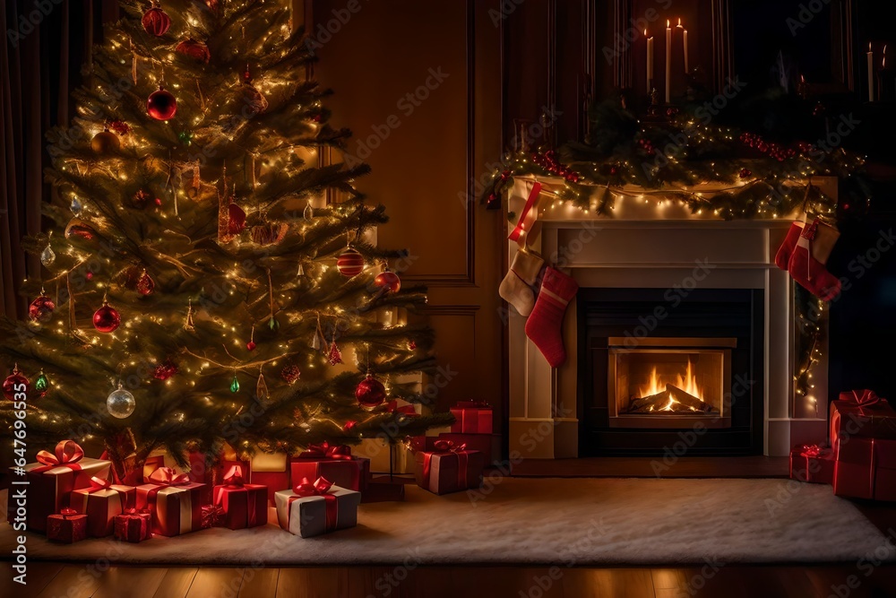  a cozy living room adorned with twinkling Christmas lights, a crackling fireplace, and a beautifully decorated tree. 