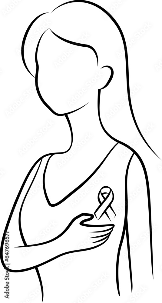 Women with pink ribbon line art. Breast cancer awareness month. Concept of support and solidarity with females fighting oncological disease. Women with pink ribbon line art. Breast cancer awareness month. Concept of support and solidarity with females fighting oncological disease.