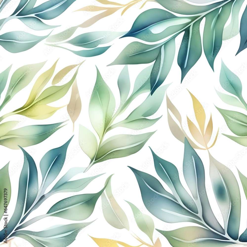 Fototapeta premium green yellow leaves watercolor seamless pattern, generative ai, leaf background with pastel colors