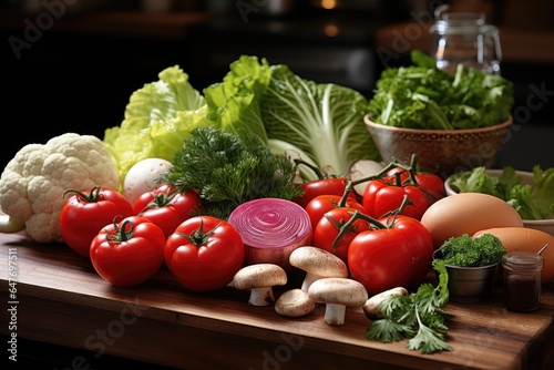 set of fresh raw vegetables on kitchen table