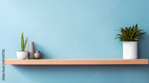 Elevated Interior: Wooden Shelf on a Blue Backdrop in a Clean Design Aesthetic