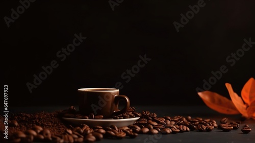 Invigorating cup of coffee with a backdrop of coffee beans, a perfect blend for coffee lovers