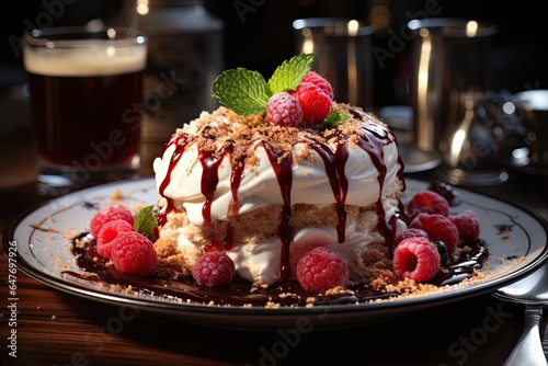 Delicious cake with whipped cream and raspberries on wooden table. 