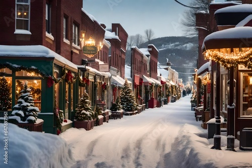 a charming small-town main street with snow-covered storefronts, holiday shoppers, and festive street decorations. 