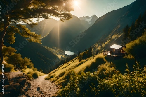 A mountain retreat in the morning sun. 