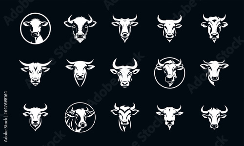 Cow and bull head icon set. Cattle logo collection for organic dairy, fresh meat brands, agriculture farms, and natural, rural, and organic products. Monochrome silhouette collection. Vector logo