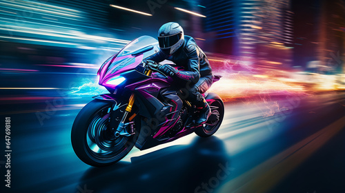 Briga de motocicleta de corrida com trilhas de luz de velocidade dinâmica abstrata de longa exposição em uma cidade de ambiente urbano, luzes de néon photo