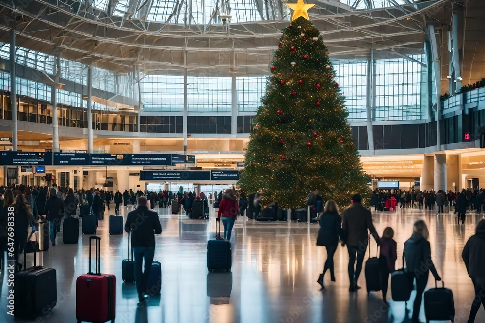 Obraz na płótnie a bustling airport terminal with travelers reuniting with loved ones for the holidays, luggage piled high, and a giant Christmas tree.  w salonie