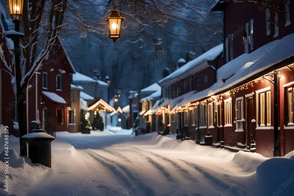 a picturesque small-town street scene with snow-covered houses, glowing windows, and festive street lamps. 