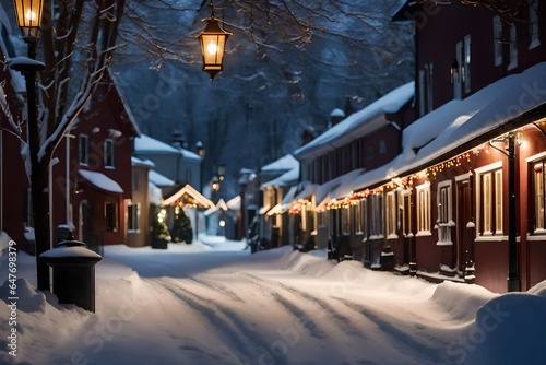 a picturesque small-town street scene with snow-covered houses, glowing windows, and festive street lamps. 