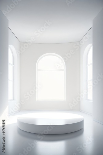 empty gallery interior room white with circle podium made with Generative AI