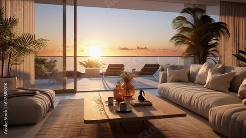 Mars Coastal life interior design, photorealistic, high quality 3dsmax renders, livingroom design golden hour photo