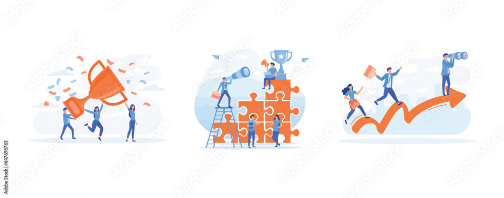 success  business team, People working on their role, Symbol of success of teamwork, cooperation and partnership, set flat vector modern illustration