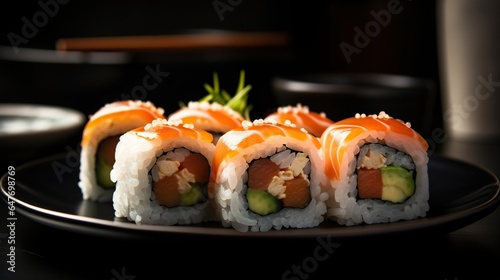 Delicious assortment of sushi rolls beautifully arranged on a pristine white plate