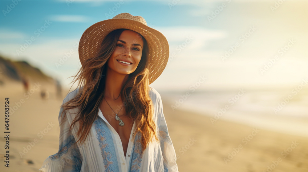 Happy smiling woman on beach background. Vacation banner with copy space. Generative AI
