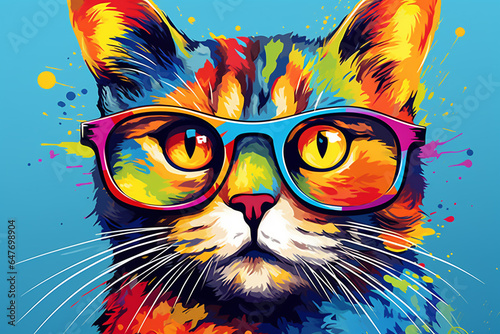Creative cute cat wearing glasses with colorful background