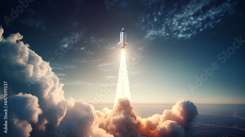 A captivating image showcasing the thrilling moment of a space exploration rocket launching from Earth, with a fiery trail behind it against the backdrop of a clear blue sky.