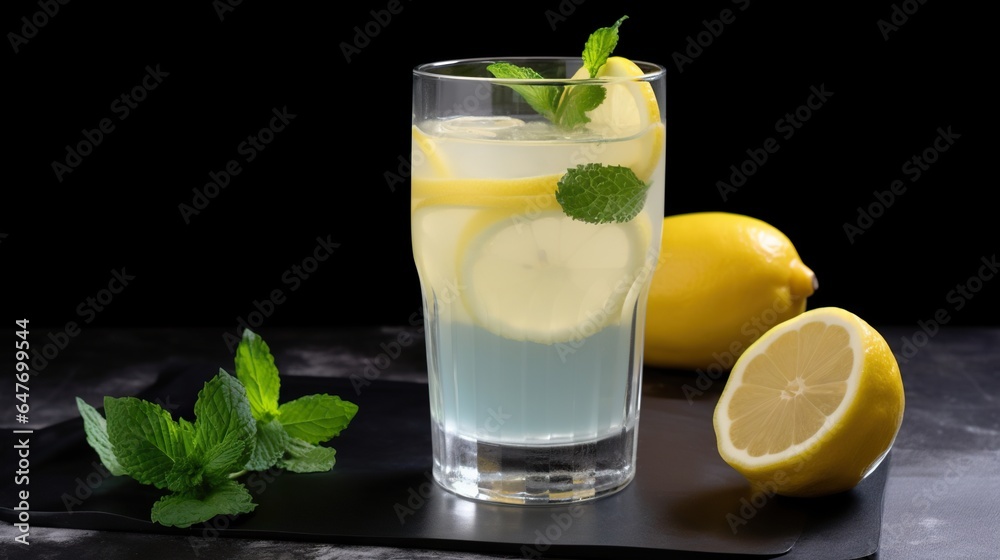 Glass of Freshly Squeezed Lemonade with a Slice of Lemon, a Refreshing and Tangy Summer Drink Glass of Freshly Squeezed Lemonade with a Slice of Lemon, a Refreshing and Tangy Summer Drink