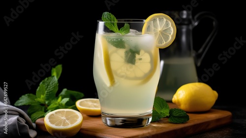 Glass of Freshly Squeezed Lemonade with a Slice of Lemon, a Refreshing and Tangy Summer Drink