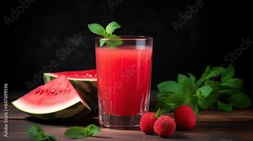 Glass of Freshly Squeezed Watermelon Juice with a Sprig of Mint, a Refreshing and Hydrating Summer Beverage