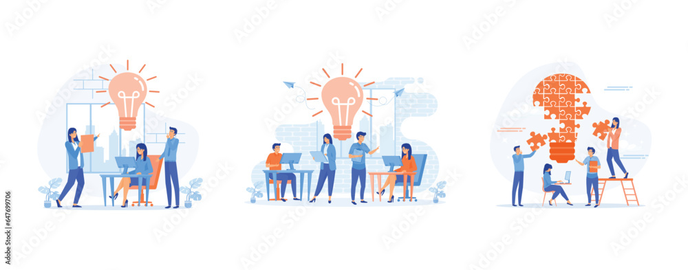  business start concept. Innovation, improving career, manager at remote work, searching for new ideas solutions, set flat vector modern illustration