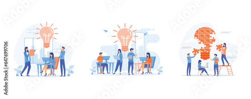  business start concept. Innovation, improving career, manager at remote work, searching for new ideas solutions, set flat vector modern illustration