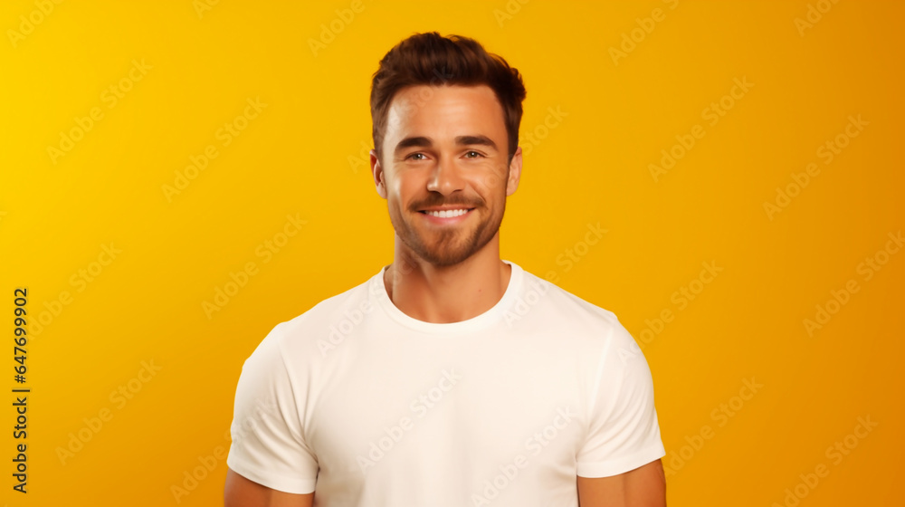 Smiling man in white T-shirt on isolated yellow background. Copy space. Generative AI Smiling man in white T-shirt on isolated yellow background. Copy space. Generative AI