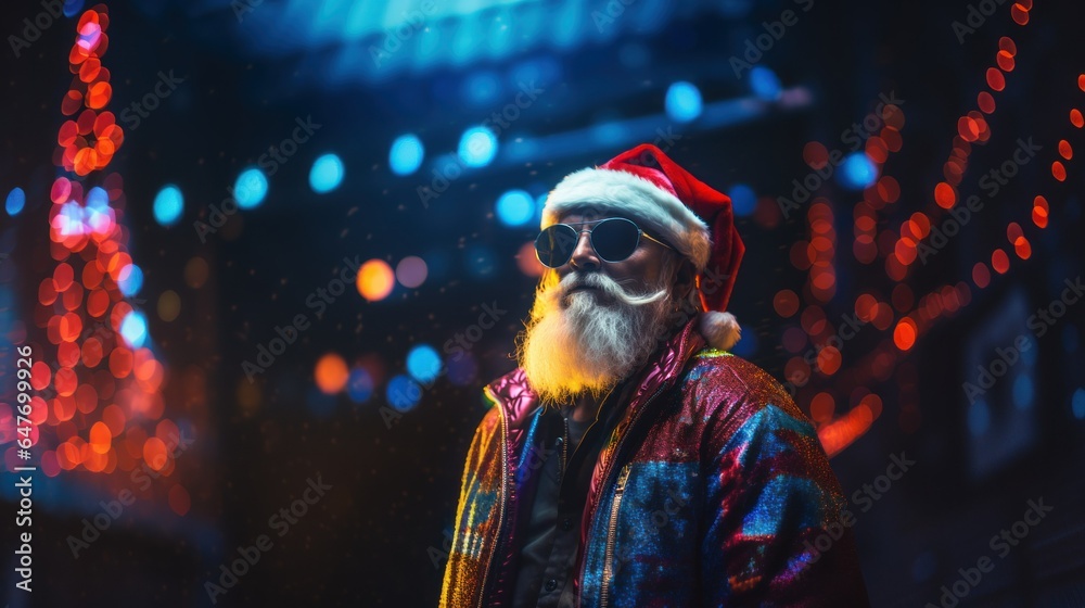 Modern hipster cyberpunk style Santa Claus in neon glitter cloth and sunglass. Modern Santa Claus in red hat, wearing red glitchy jacket on multicolor background Nightclub invite on Christmas party