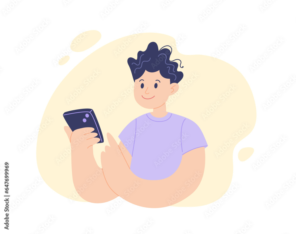 Man looking on smartphones and chatting. Young positive character. Concept for business, technology, services, flat cartoon vector illustration.