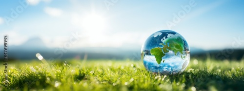International Day for the Preservation of the Ozone Layer. World Ozone Day. Ozone layer protection. Crystal ball hyper-realistic earth on blue sky and green grass background