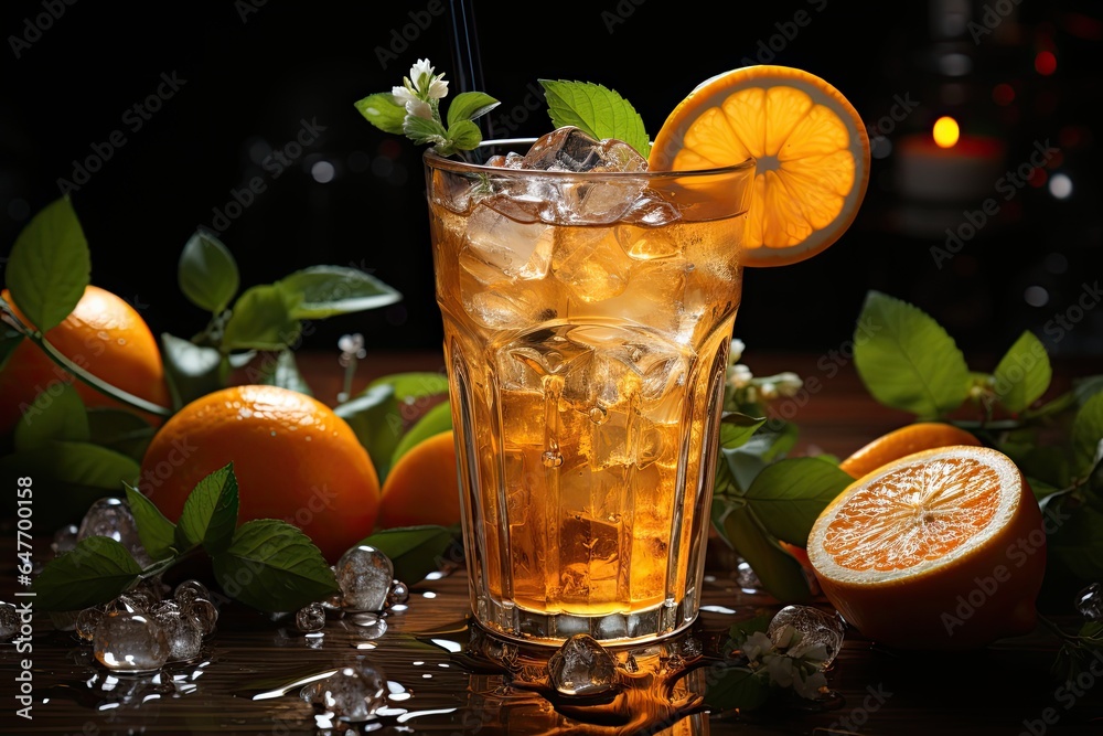 Fototapeta premium Cocktail with ice, orange and mint on a dark background