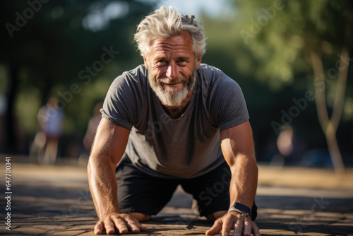 senior man has fitness exercise outdoor