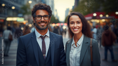 Smiling business people on blurred city background.  Generative AI
