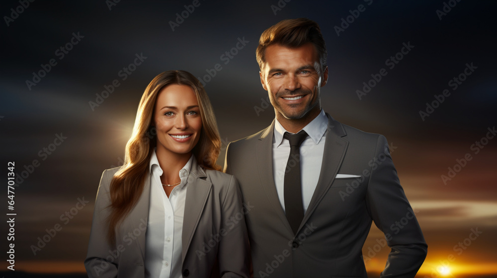 Business banner. Businessman and businesswoman on dark gray sky background. Professional team. Generative AI Business banner. Businessman and businesswoman on dark gray sky background. Professional team. Generative AI