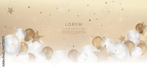 Elegant gold and white balloon and ribbon gold with shining. Celebration party happy concept.
