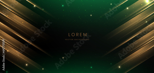 Abstract glowing gold diagonal lighting lines on dark green background with lighting effect and sparkle with copy space for text. Luxury design style.