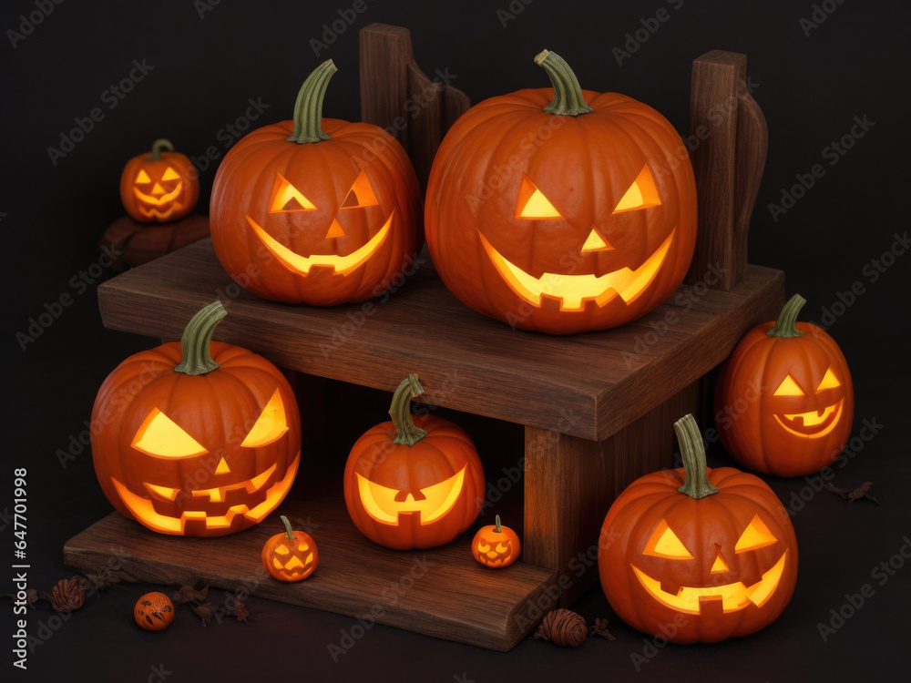 Halloween Pumpkins In Spooky Forest With Tombs At Night - Abstract Defocused Background Halloween Pumpkins In Spooky Forest With Tombs At Night - Abstract Defocused Background