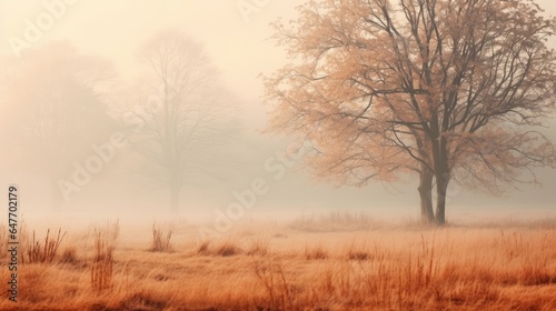 misty morning in the forest, foggy autumn scenery