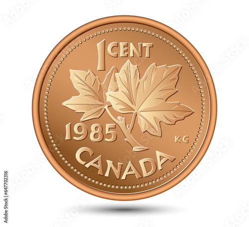 Canadian Penny one cent coin on white background, depicting maple tree branch with leaves. Vector illustration.