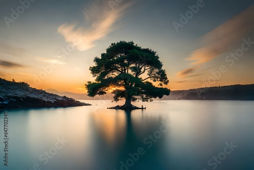 Alone Tree in a sea. Generative AI © IBRAHEEM'S AI