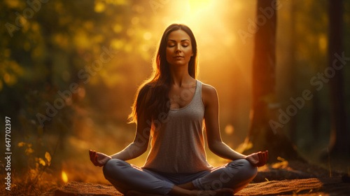 A young athletic beautiful woman make yoga in lotus pose on forest background. Sunset with rays of sun. Generative AI